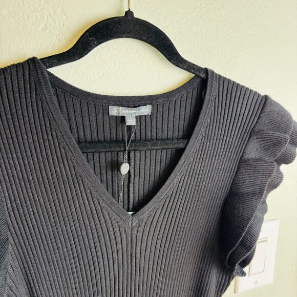 Adrianna Papell Ribbed Knit Flutter Sleeve Black Midi Dress Belted NWT - Picture 4 of 9